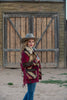 Tasha Polizzi bridget jacket in burgundy. Aztec print, jacket with faux fur collar.  These Tasha Polizzi pieces are the definition of high fashion on the ranch. This burgundy mid length coat has a stunning aztec pattern and fur trim on the collar and cuffs, making for a truly one of a kind jacket.