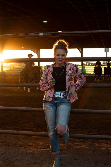 These retro pinup cowgirls are giving us allll the vibes! This blazer has an ultra flattering cut and is handmade in Texas by Silverado Apparel. You won't find a piece this fun and bold anywhere else!   Please note: this item is currently a PREORDER only. 