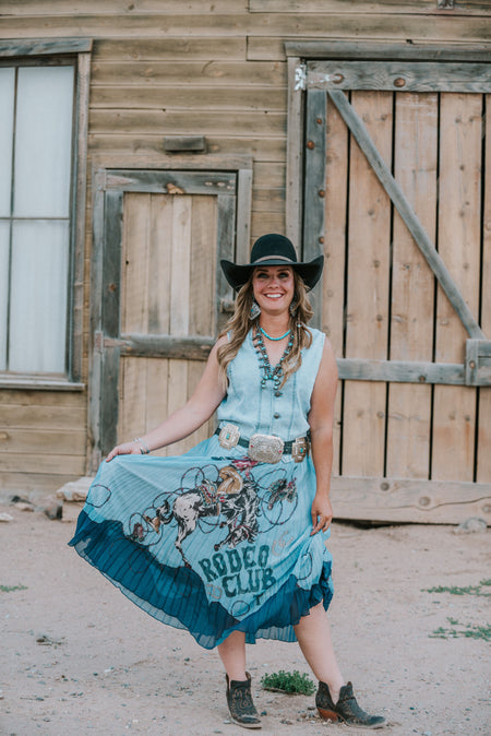 The Tasha Polizzi rodeo club skirt is a stunning chiffon skirt with a retro rodeo club bucking horse design. Designer Tasha Polizzi is based in the Berkshire mountains and creates one of a kind pieces. We love stocking this piece in our western boutique!