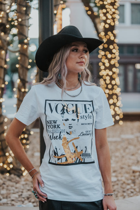 Jodi Lane so vogue limited edition tee. new york fashion week tee with crystal embellishments. NFR fashion, when the cowboy hats come to town.