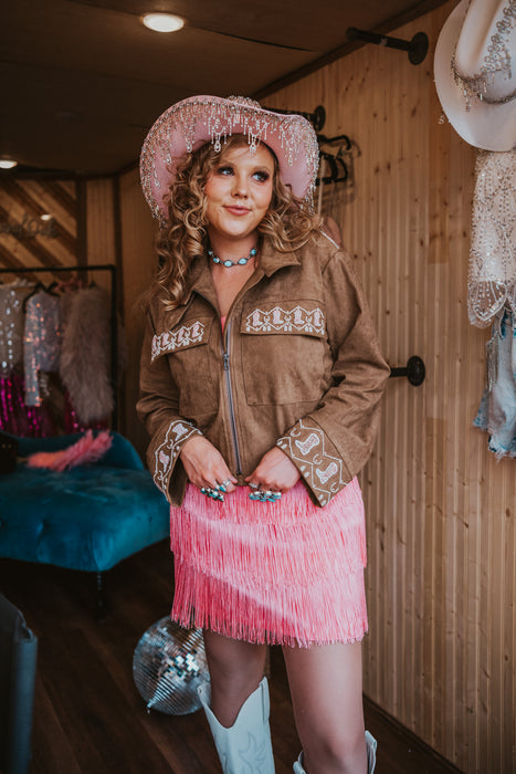 On Cloud Nine: Pink Beaded Suede Jacket