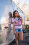 Flamingo Trailer park tee. Flamingo Trailer Park graphic tee. Retro western tee. Pink western graphic tee. Retro trailer park.