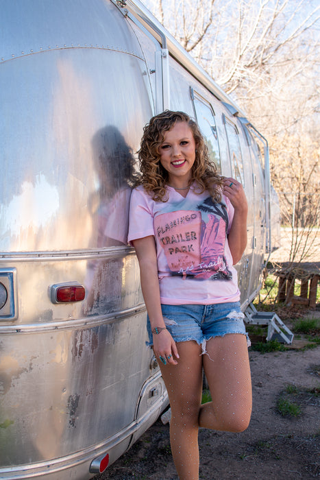 Flamingo Trailer park tee. Flamingo Trailer Park graphic tee. Retro western tee. Pink western graphic tee. Retro trailer park.