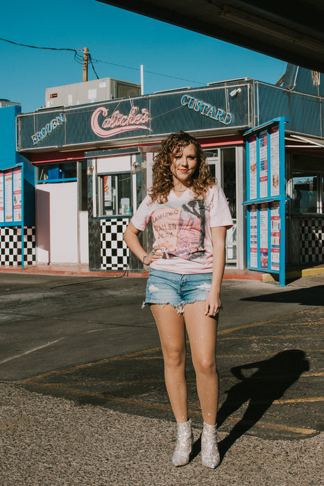 Flamingo Trailer park tee. Flamingo Trailer Park graphic tee. Retro western tee. Pink western graphic tee. Retro trailer park.