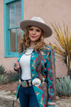 Button down blue serape blouse by Silverado Apparel.  Handmade in Texas.  Silverado Apparel as featured in Cowgirl Magazine.  Silverado clothing.  Silverado clothing for sale, serape style and Caracas Silverado Apparel pattern. 