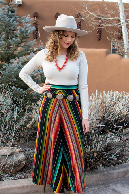 Silverado Apparel skirt.  Serape skirt by Silverado Apparel. Black serape. Handmade in Texas. Silverado Apparel as featured in Cowgirl Magazine. Silverado clothing. Silverado clothing for sale.  Santa Fe style skirt.