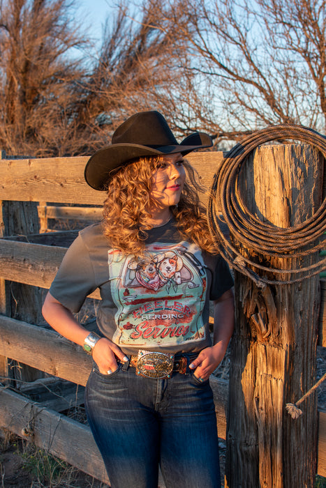 Heeler herding dog services graphic tree, featuring a comfy unisex fit and hand drawn art work by XOXO the art Compay, XOXO art apparel. From Iz and Oak western boutique specializing in  women's western wear.  